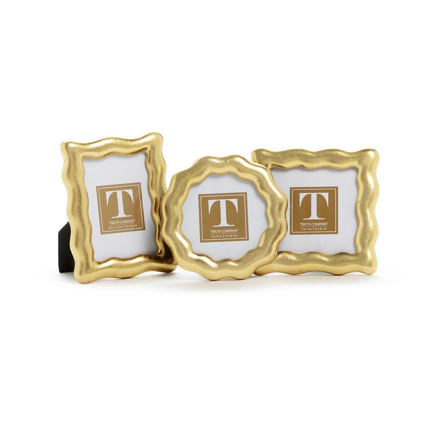 Three gold picture frames with a brand logo on a white background