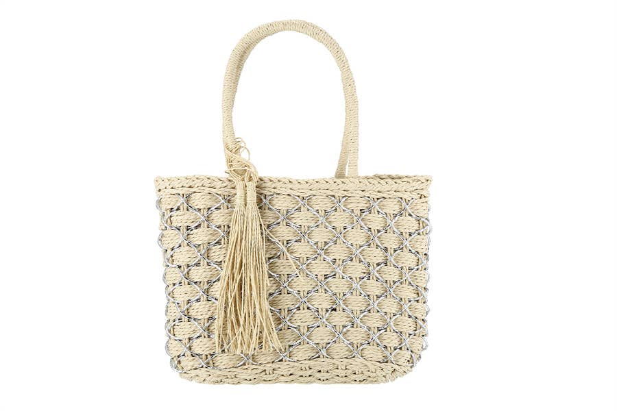 Tassel Straw Tote | Silver/Small