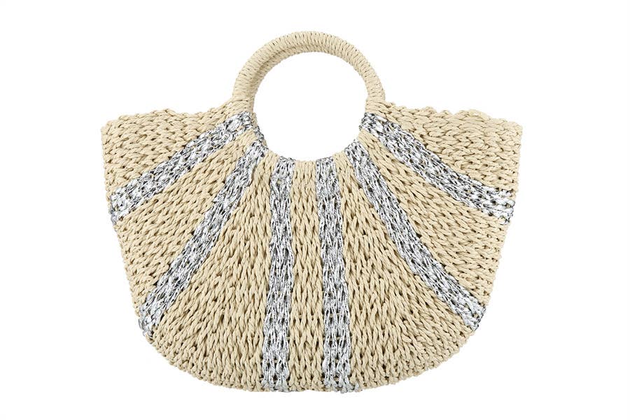 Straw Half Moon Tote Bag | Silver