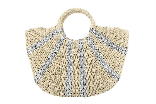 Straw Half Moon Tote Bag | Silver