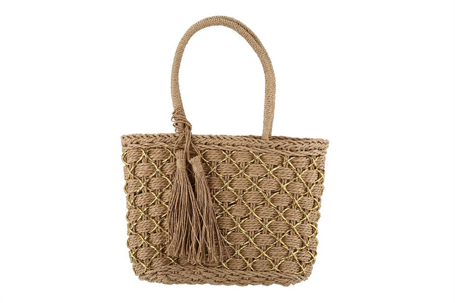 Tassel Straw Tote | Khaki/Small
