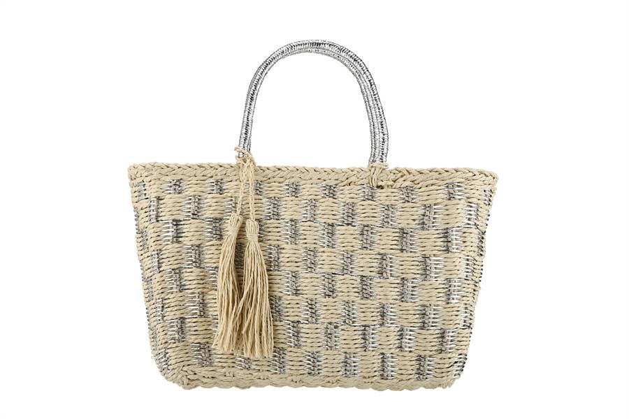 Tassel Straw Tote | Silver/Medium