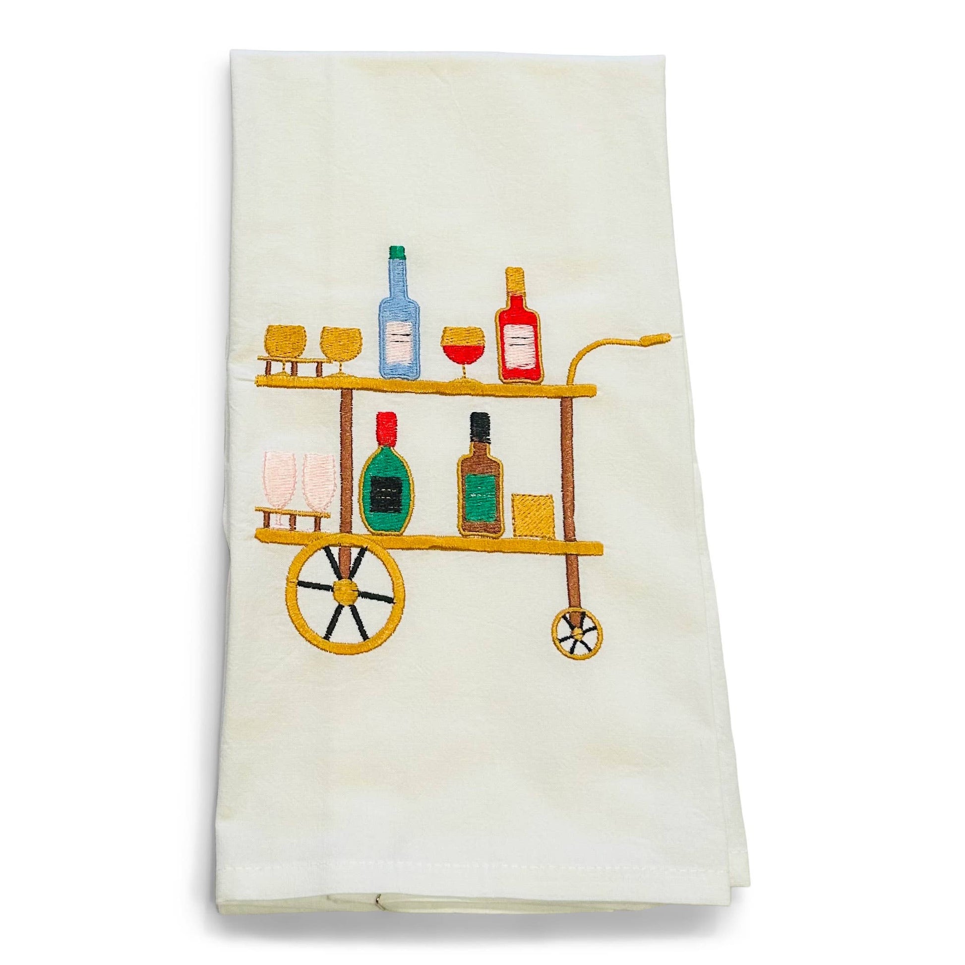 White towel with a bar cart illustration featuring bottles and glasses on a white background