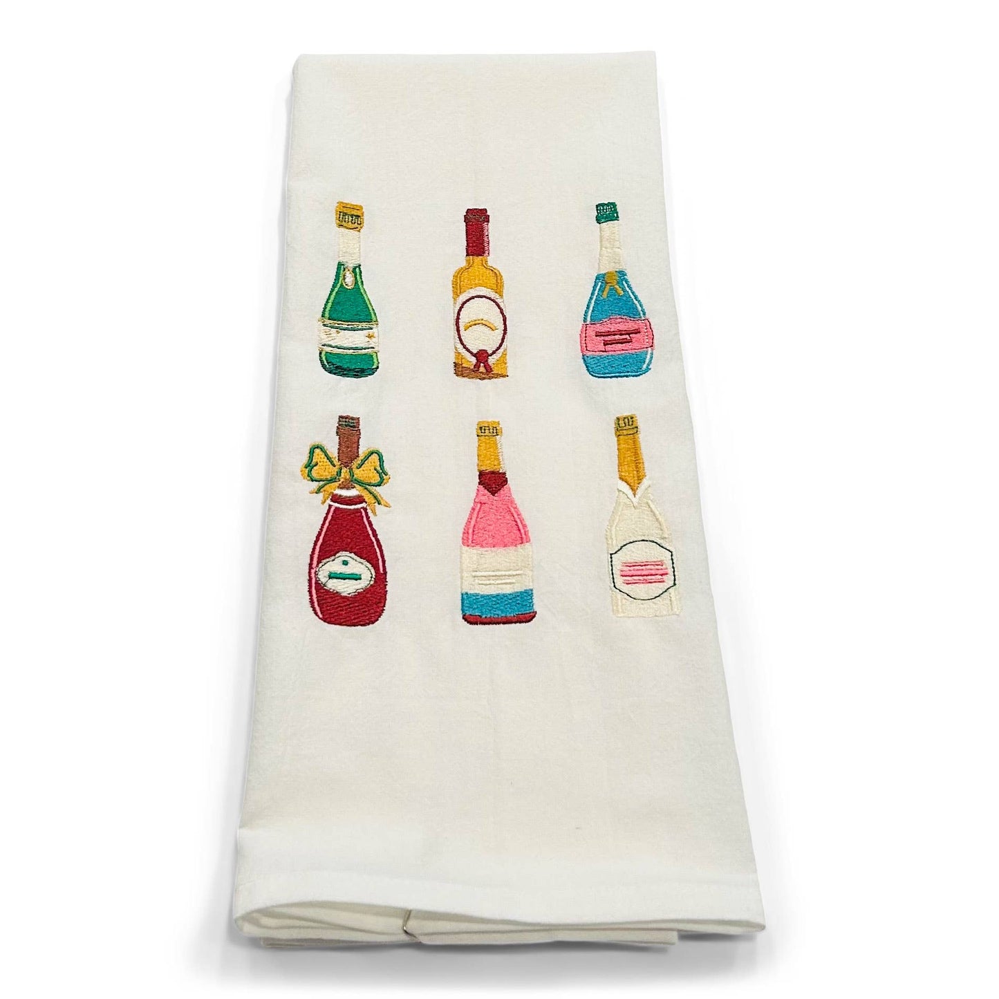 White towel with colorful embroidered bottle designs on a white background