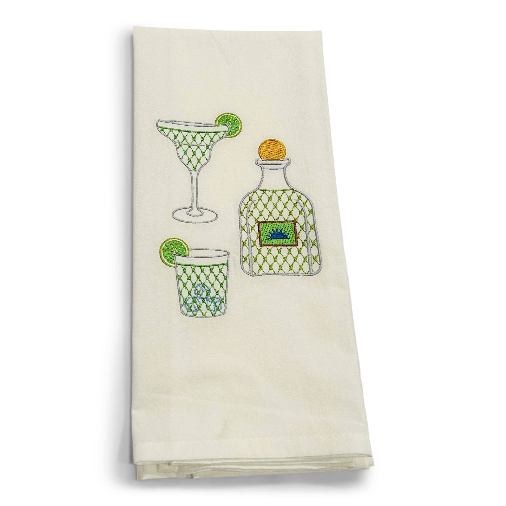 Tea towel with tequila bottle and cocktail design on a white background