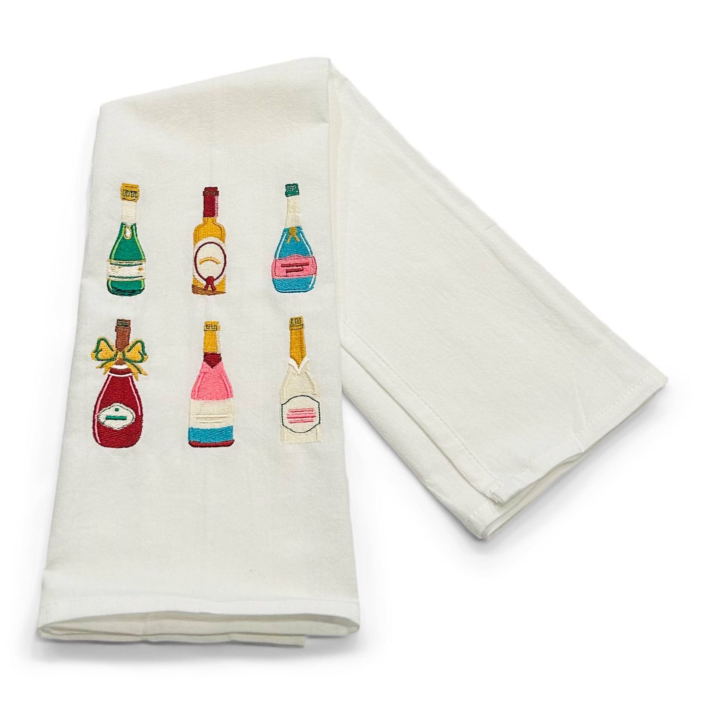 White towel with colorful bottle illustrations on a white background